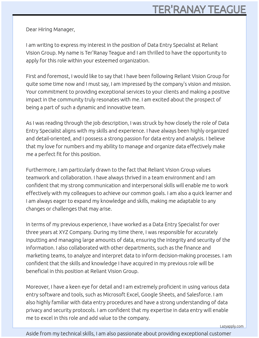 Data Entry Specialist At Reliant Vision Group Cover Letter