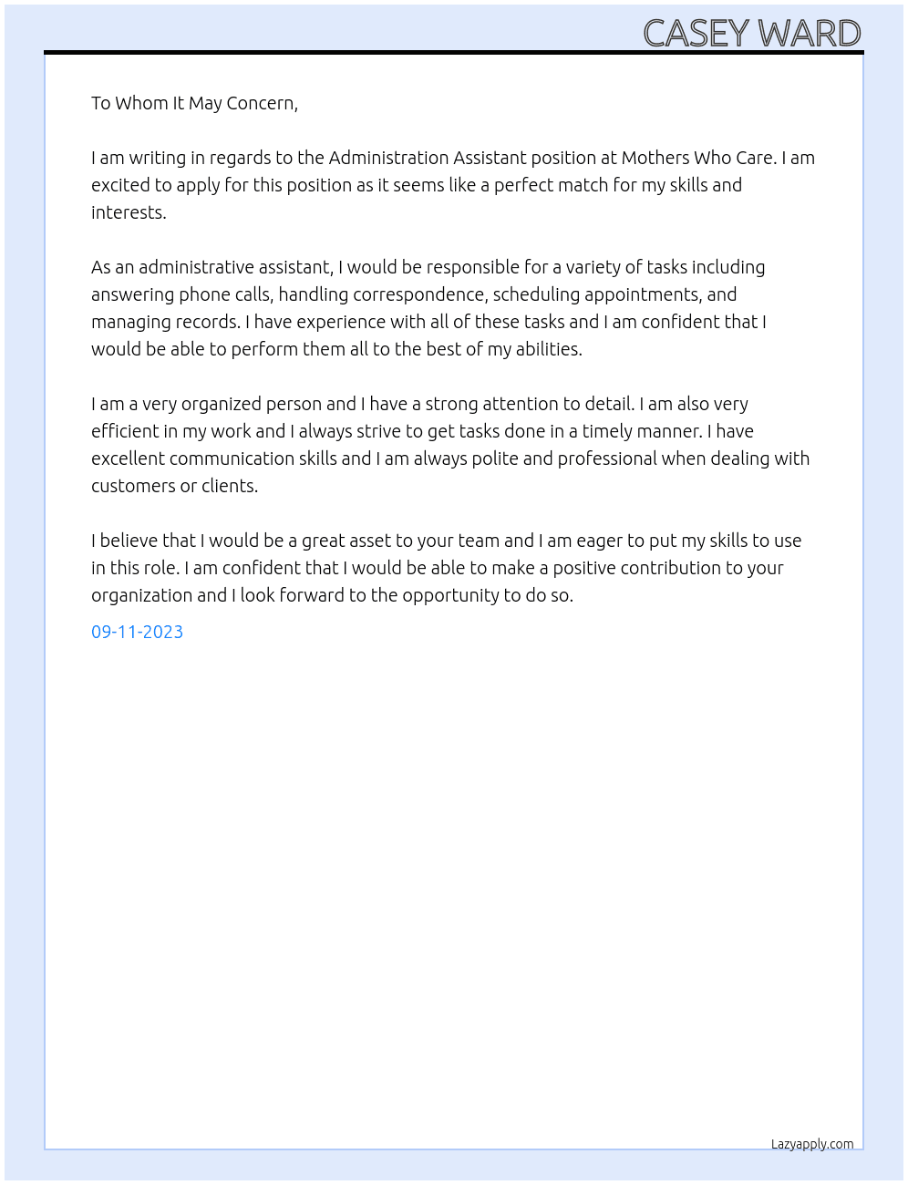 Administration Assistant At Mothers Who Care Cover Letter