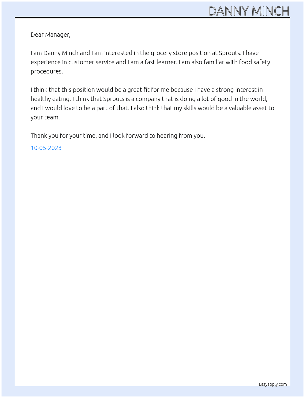 Grocery Store At Sprouts Cover Letter