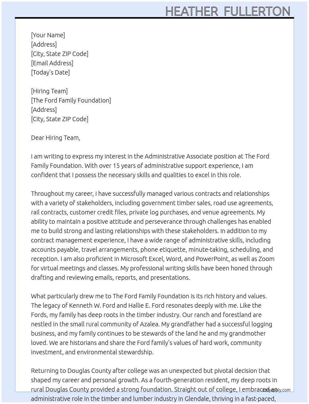 Administrative Associate  At The Ford Family Foundation  Cover Letter