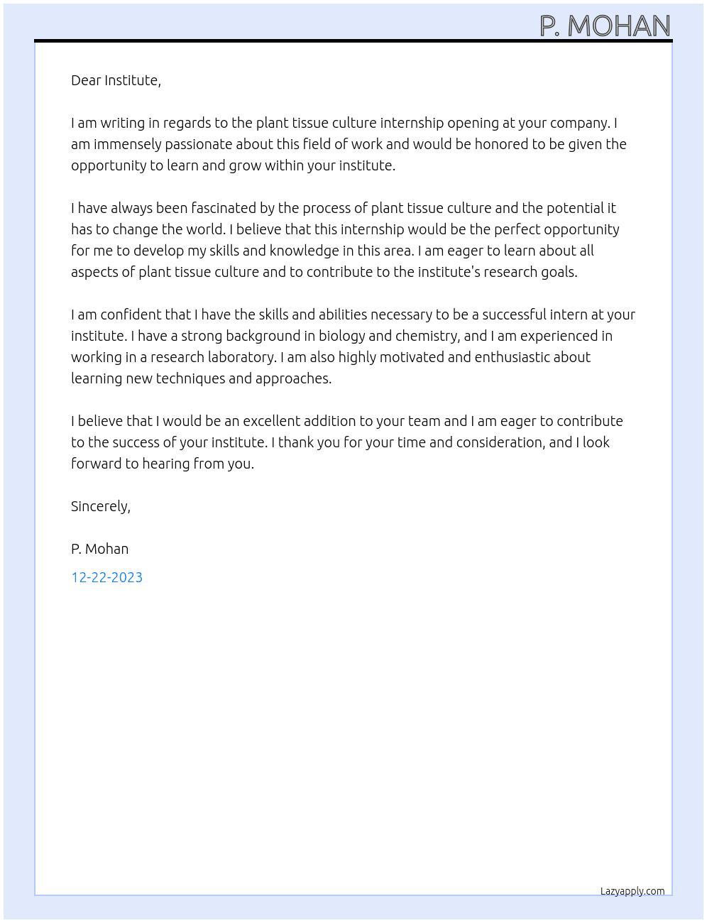 Plant tissue culture internship  At Institute Cover Letter