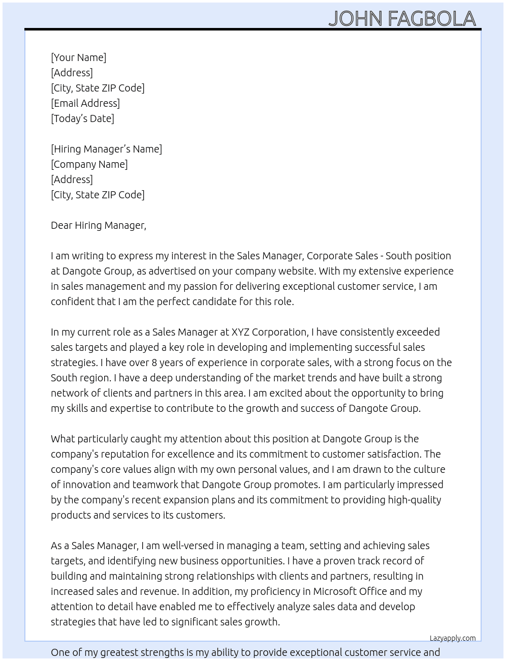  Sales Manager, Corporate Sales - South At Dangote Group  Cover Letter