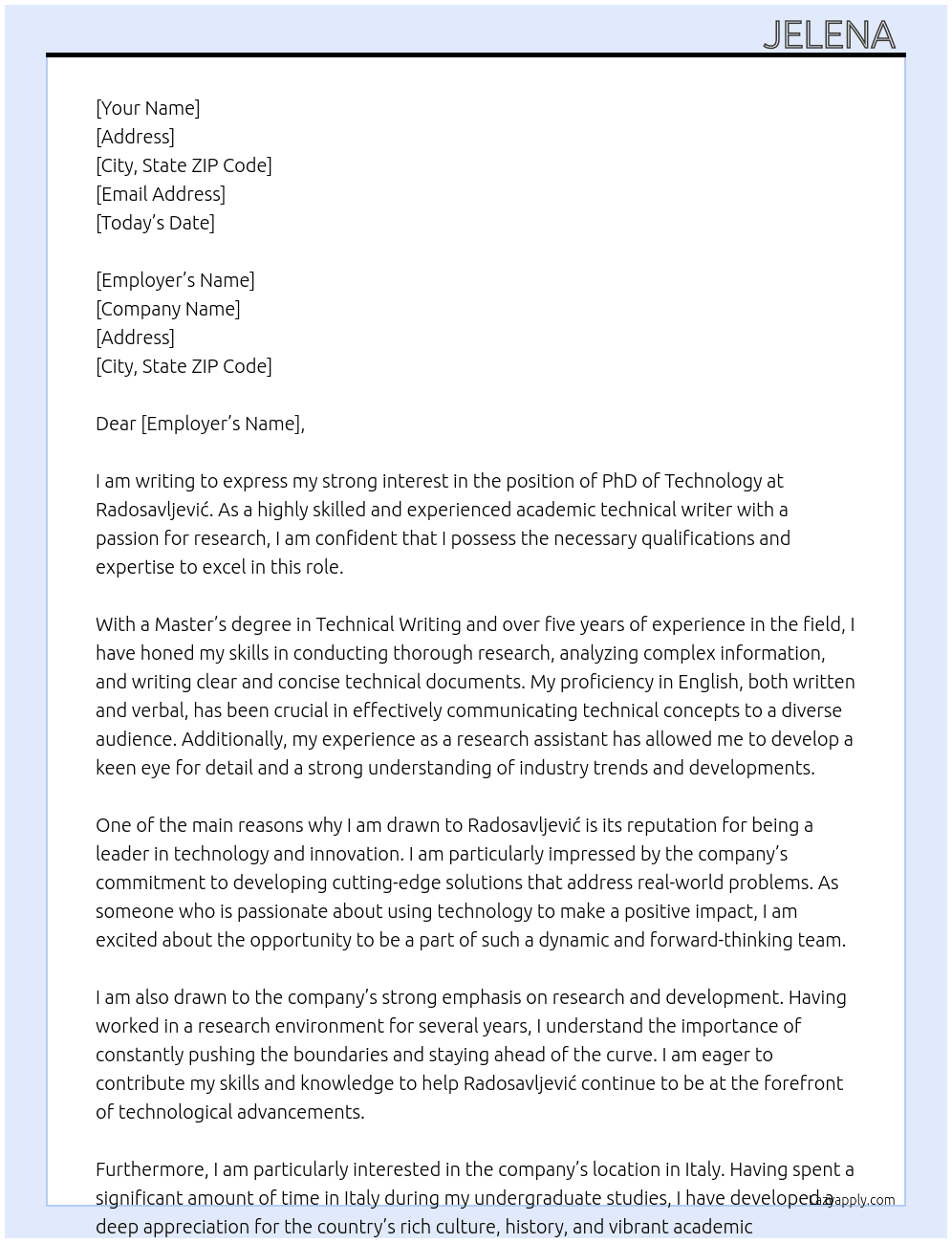PhD of Technology At Radosavljević Cover Letter