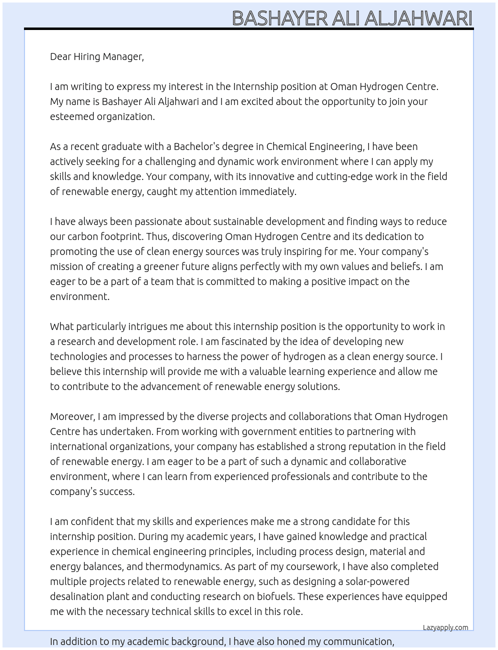 Internship At Oman Hydrogen Centre Cover Letter