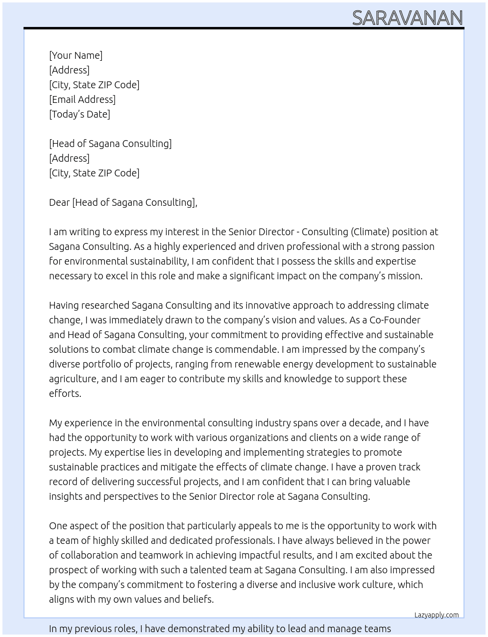Senior Director - Consulting (Climate)  At Sagana Cover Letter