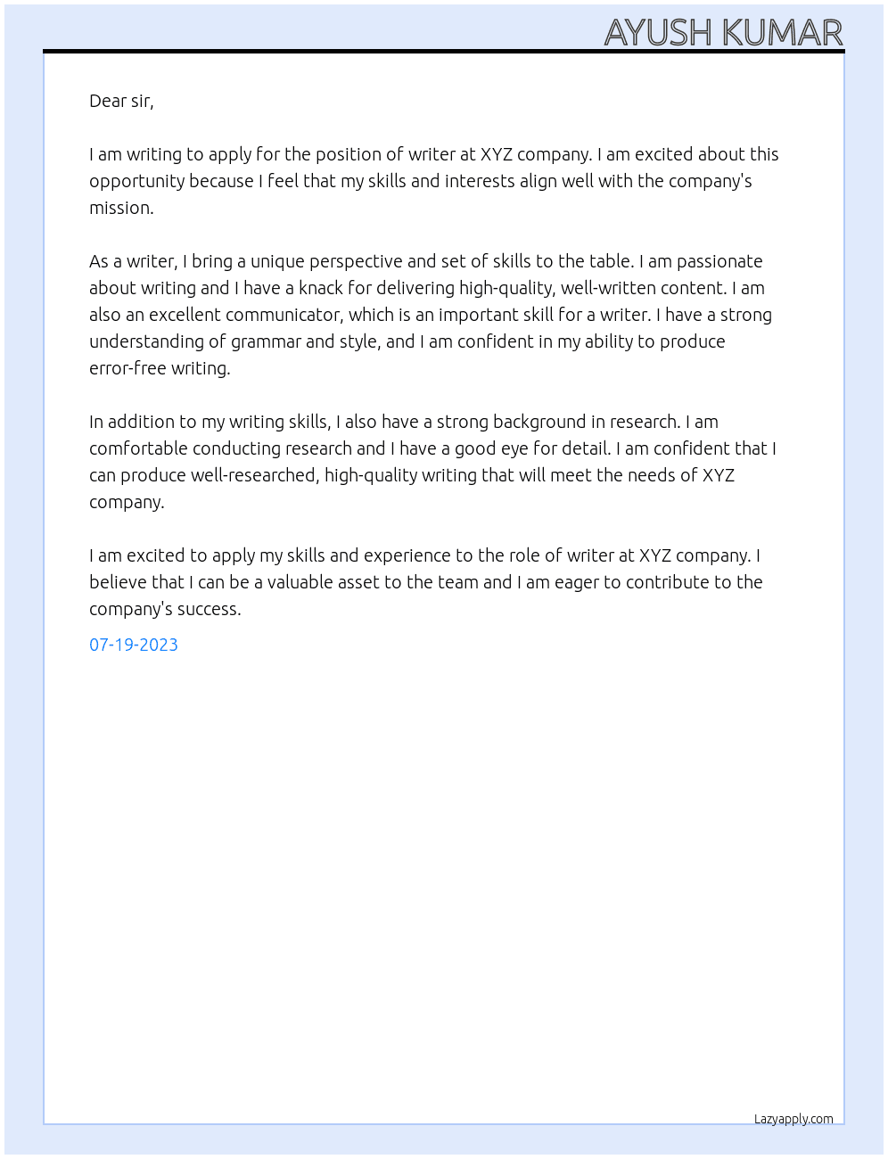 writer At xyz Cover Letter