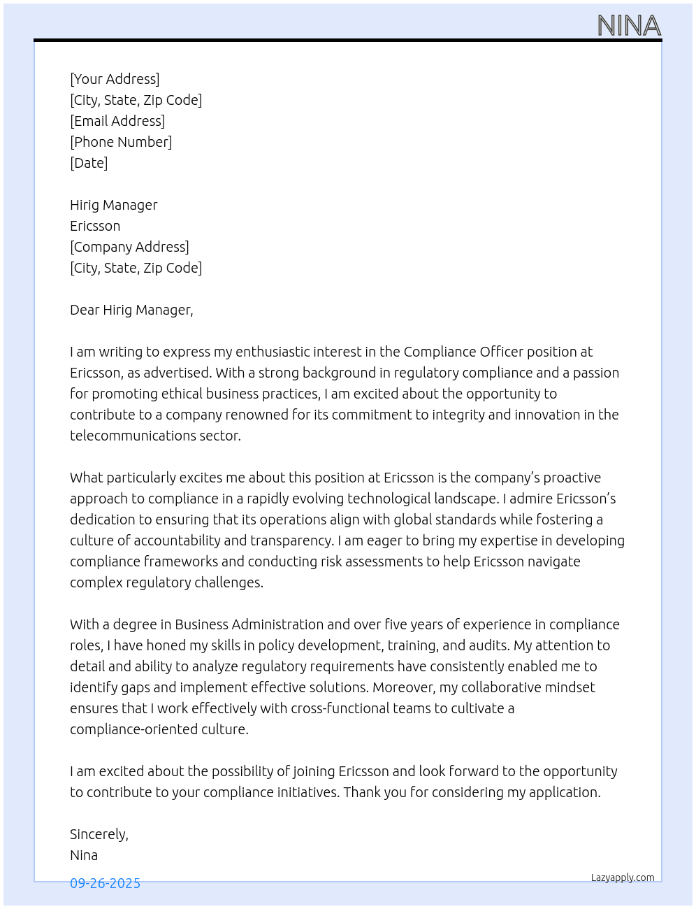 Compliance Officer At Ericsson  Cover Letter