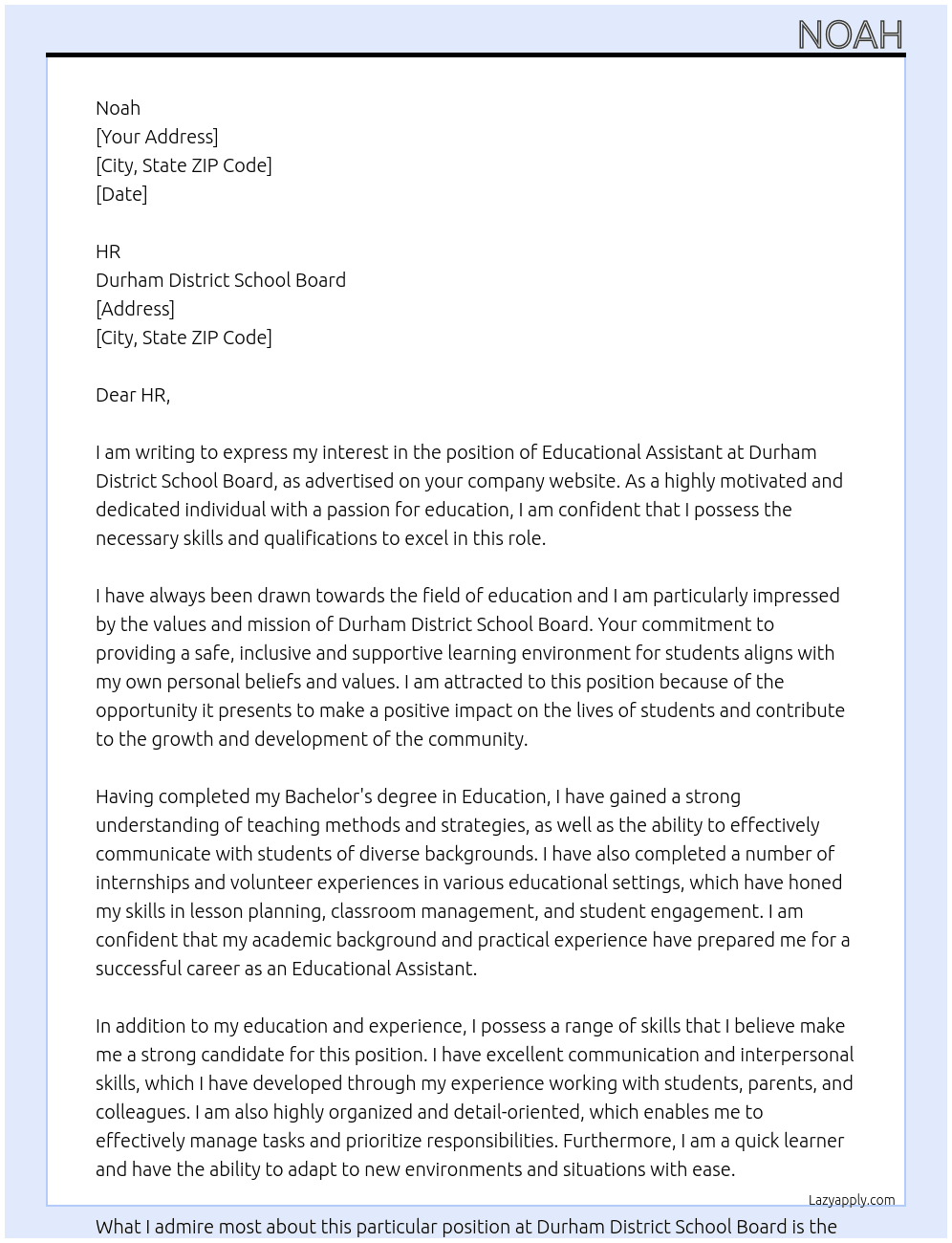Educational Assistant At Durham District School Board Cover Letter