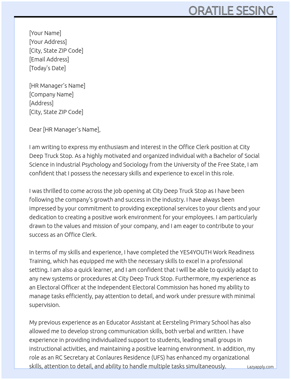 office clerk  At City Deep Truck Stop Cover Letter