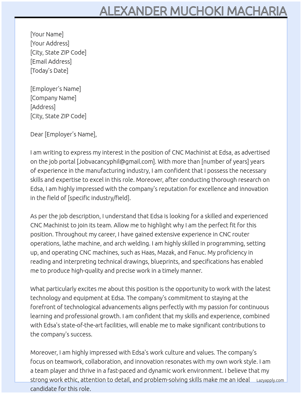 CNC machinist  At Edsa Cover Letter