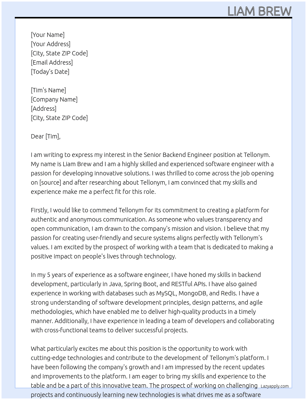 Senior backend engineer At Tellonym  Cover Letter