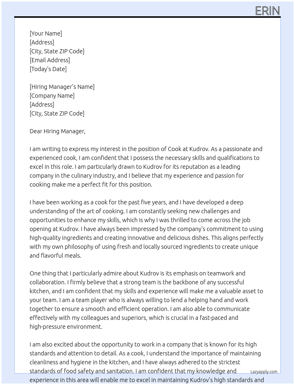 Cook At Kudrov Cover Letter
