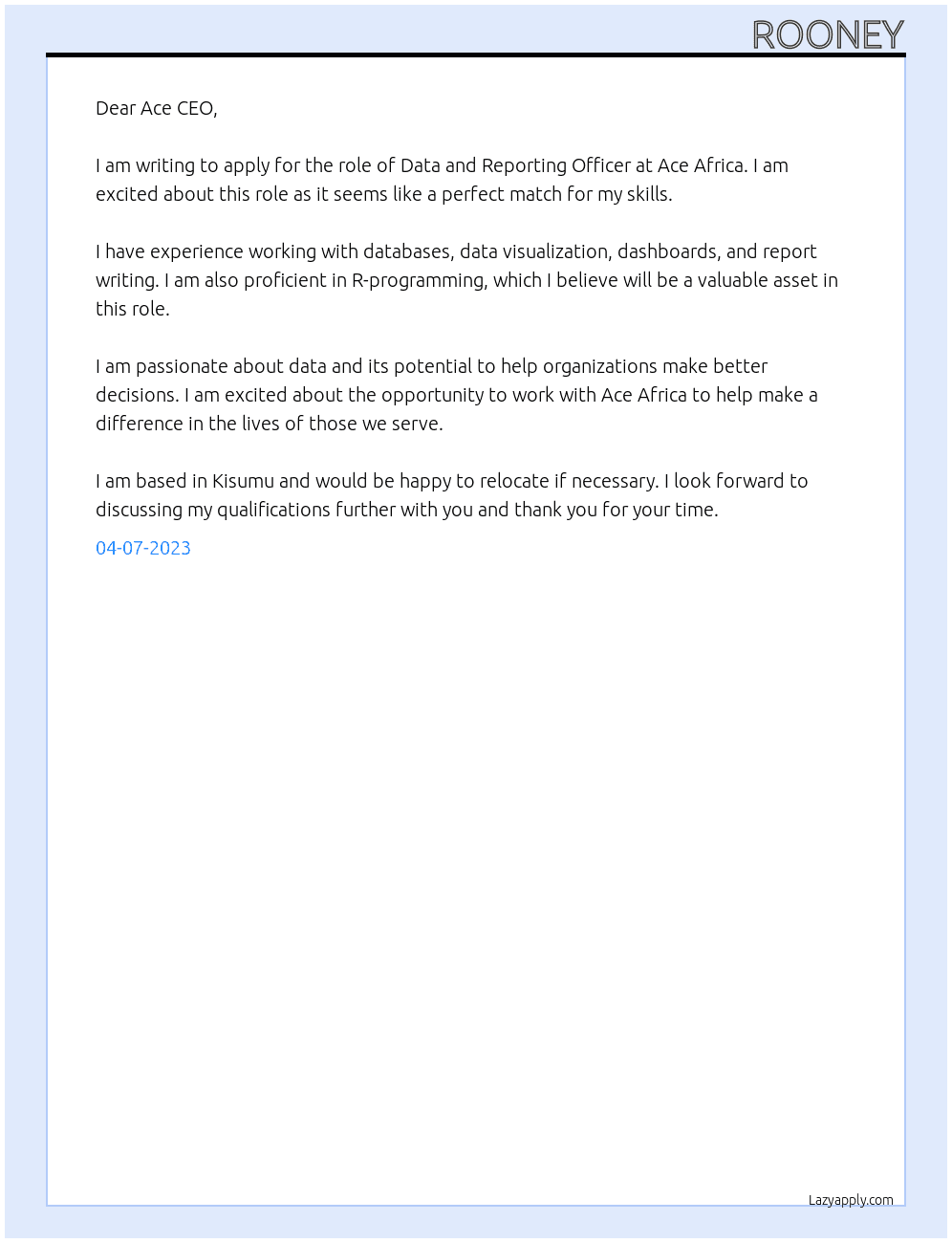 Data and reporting officer At Ace Africa Cover Letter