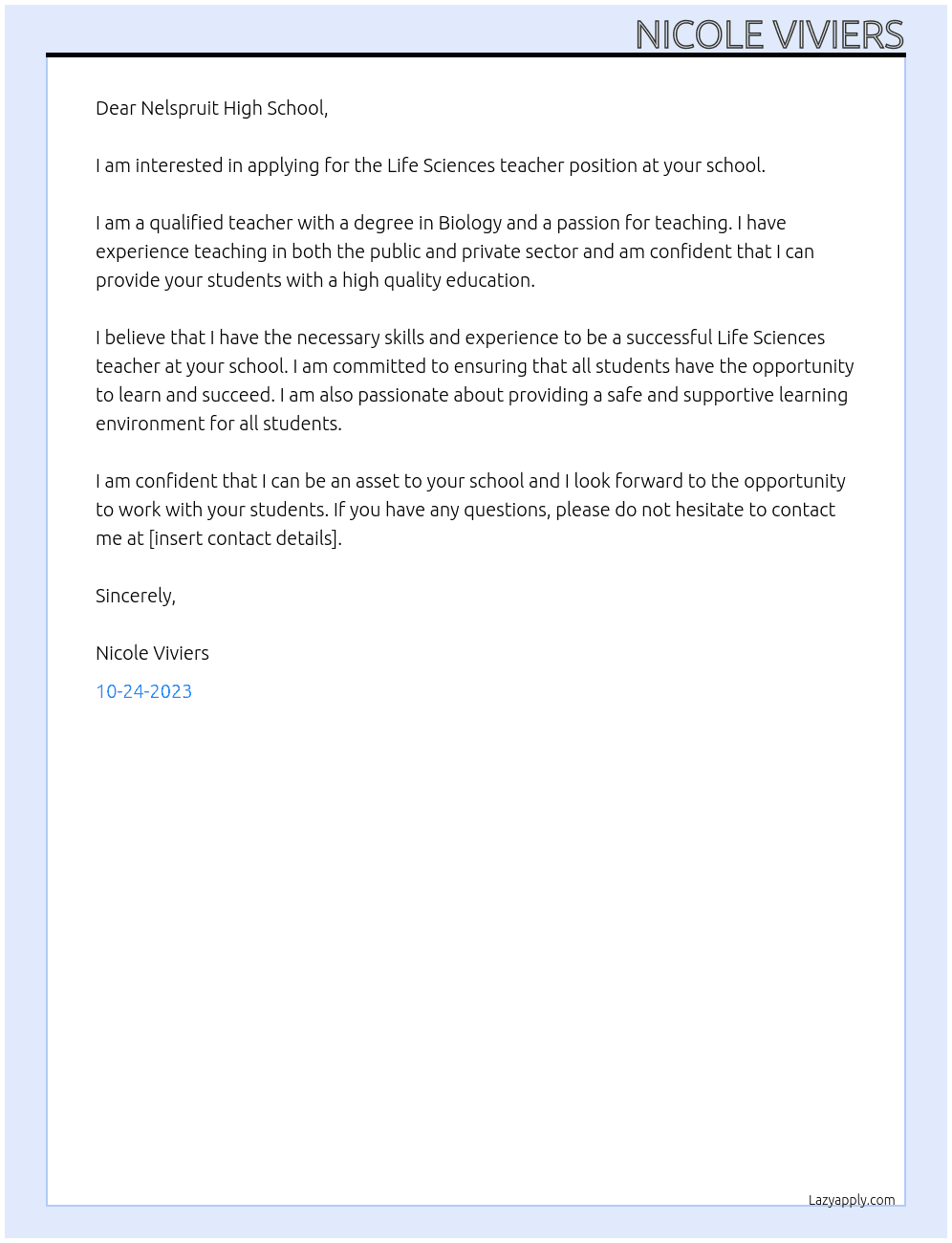 Life Sciences teacher At Nelspruit High School Cover Letter