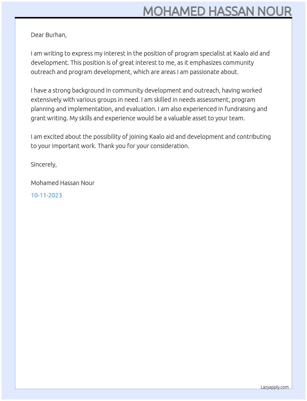 program specialist  At Kaalo aid and development Cover Letter