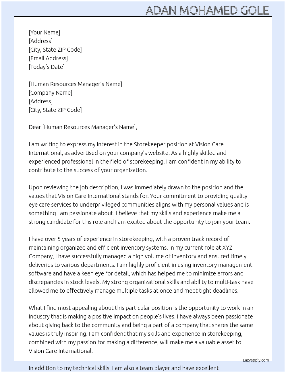 Storekeeper  At Vision care international  Cover Letter