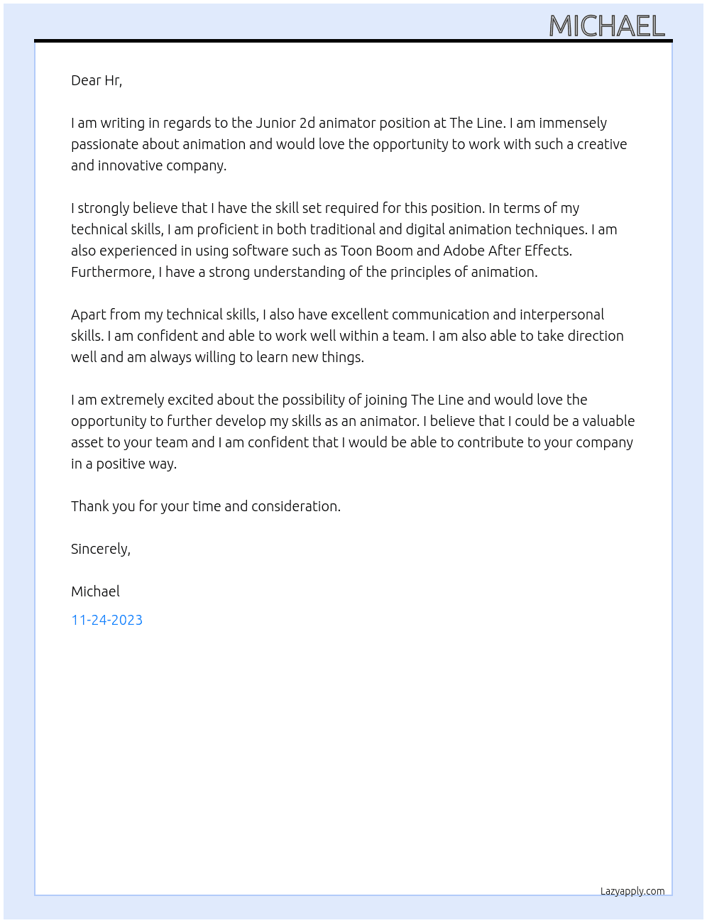 Junior 2d animator  At The line  Cover Letter