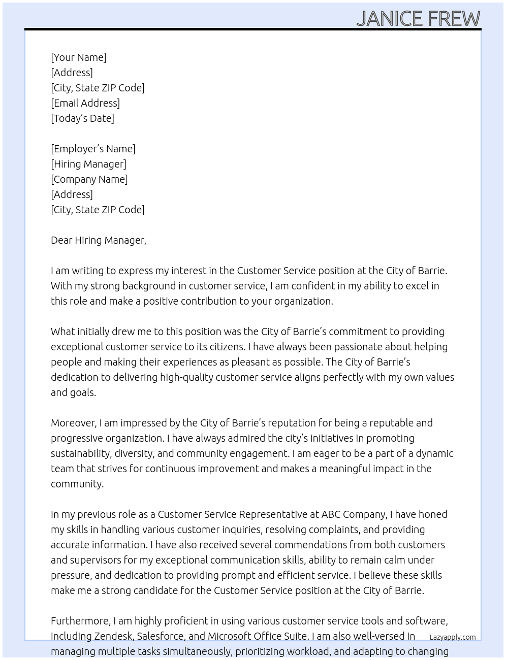 Customer Service At City of Barrie Cover Letter