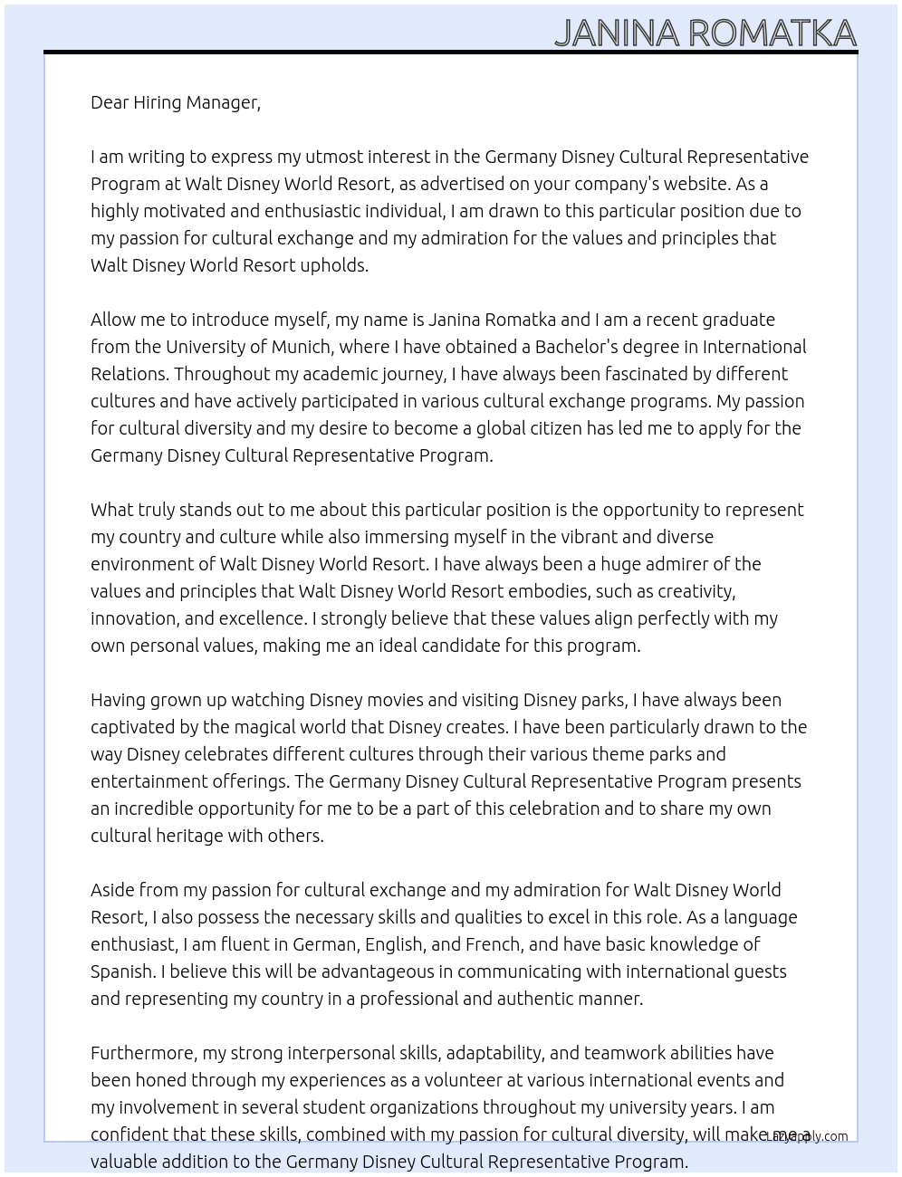 Germany Disney Cultural Representative Program At Walt Disney World Resort Cover Letter
