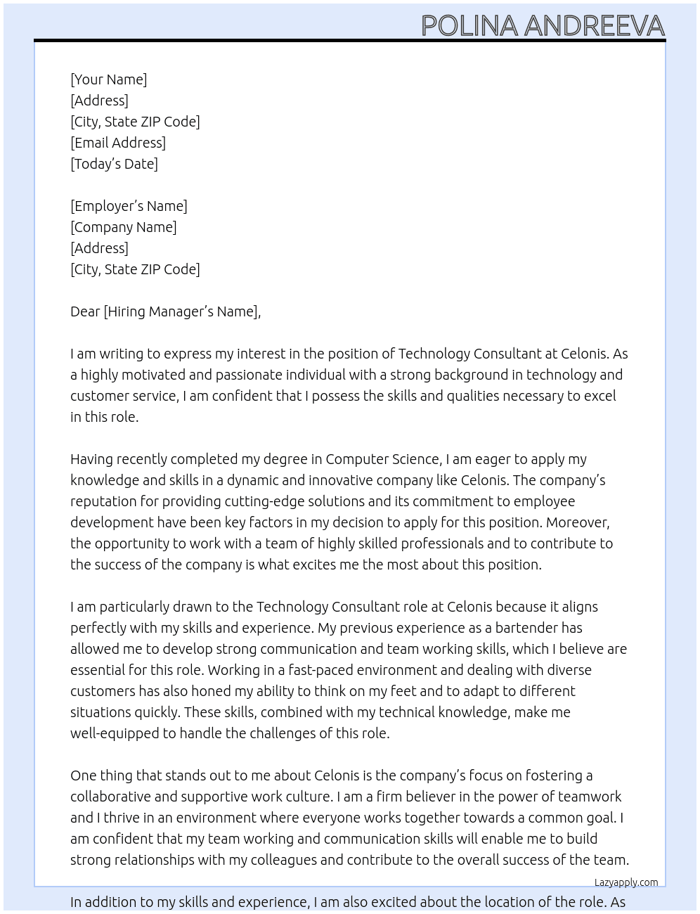 Technology Consultant At Celonis Cover Letter