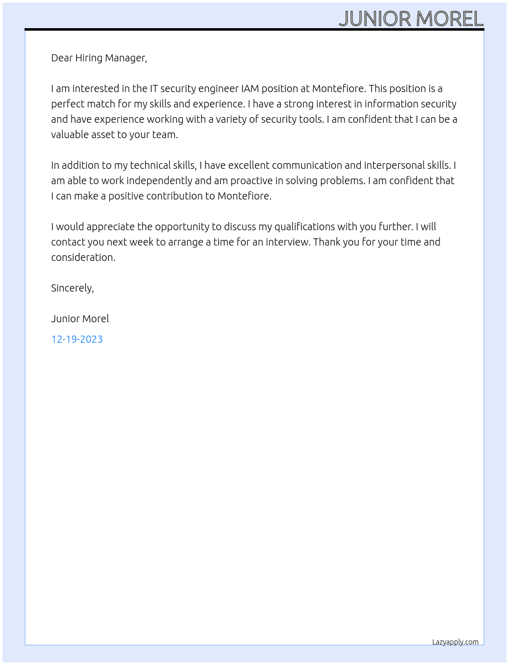 It security engineer IAM At Montefiore Cover Letter
