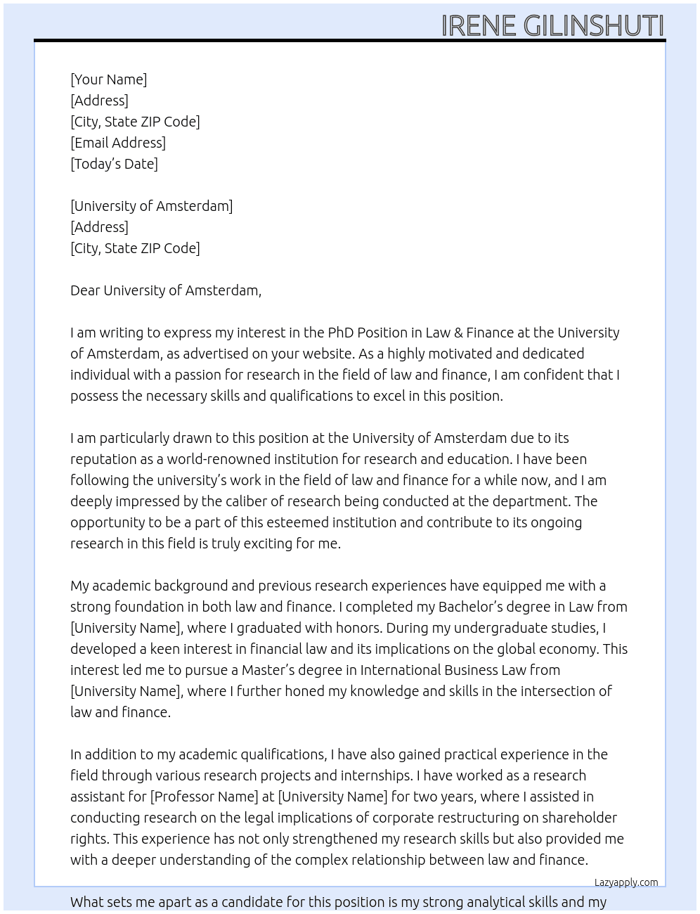  PhD Position in Law & Finance At University of Amsterdam Cover Letter