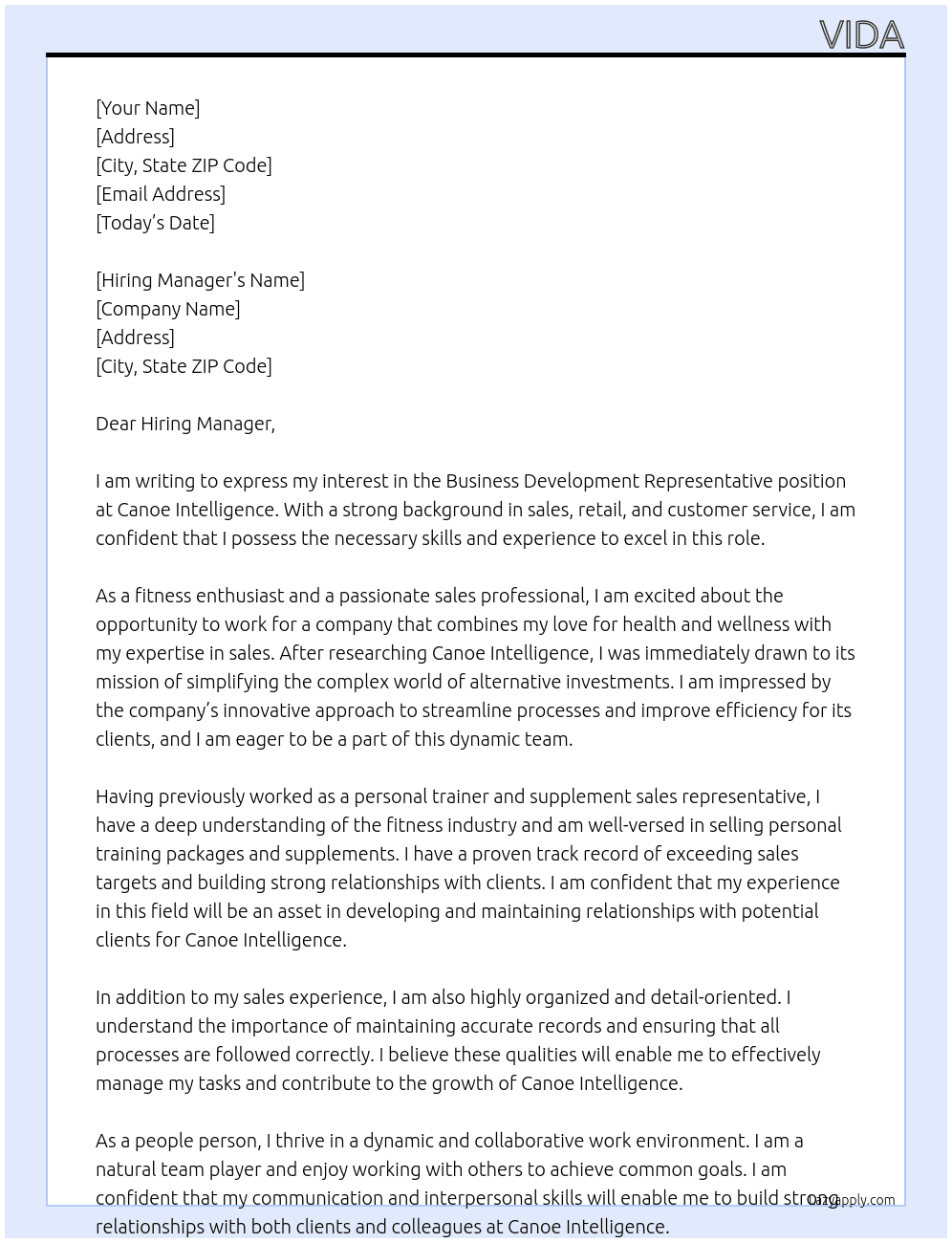 Business Development Representative  At Canoe Intelligence Cover Letter