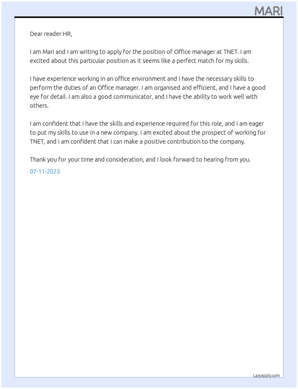 Office manager At TNET Cover Letter