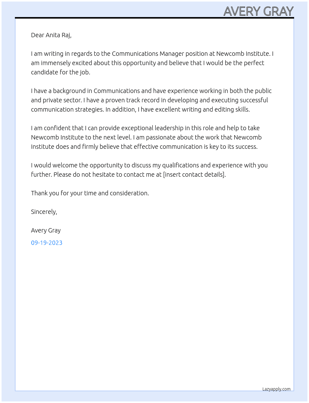 Communications Manager At Newcomb Institute Cover Letter