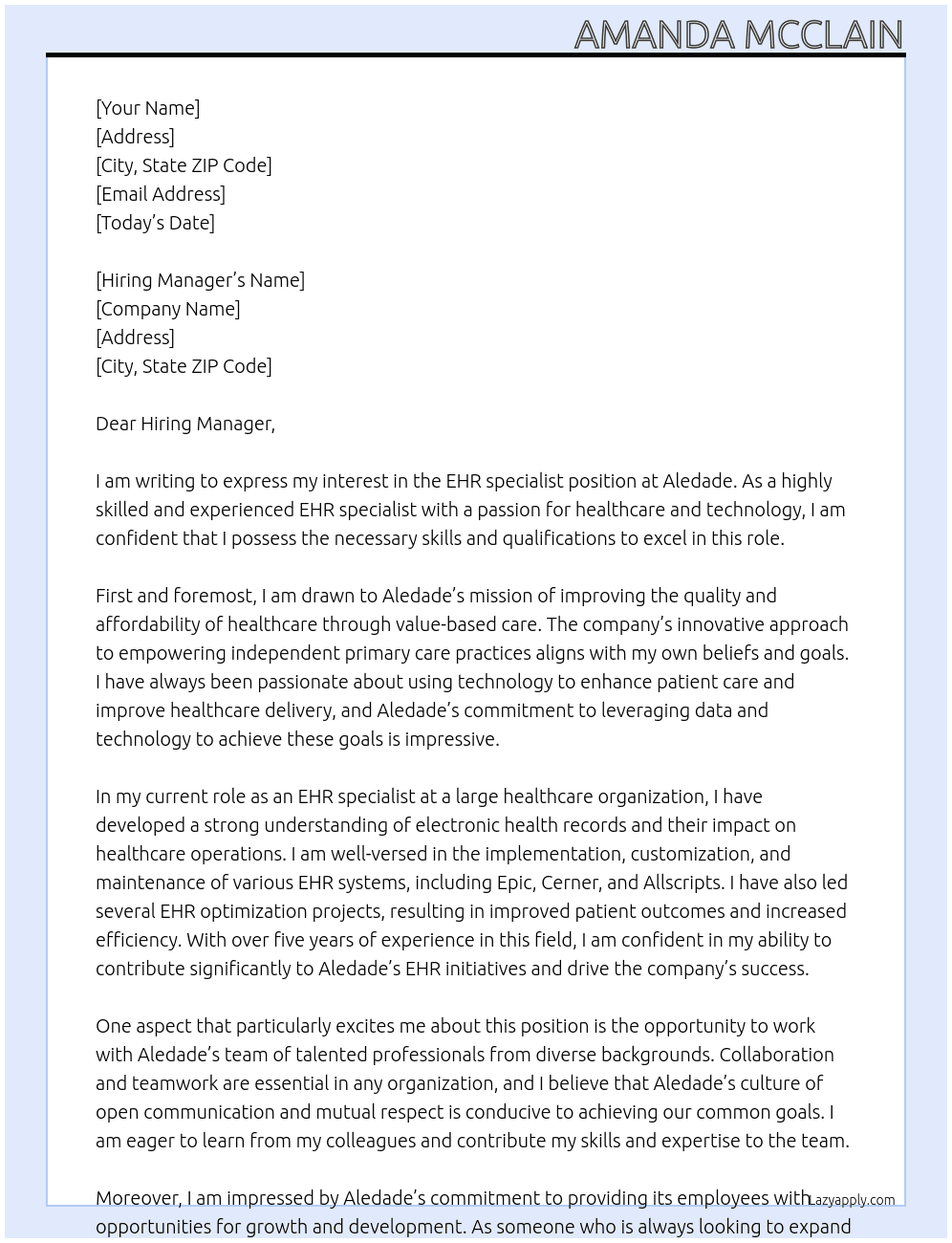 EHR specialist  At Aledade Cover Letter