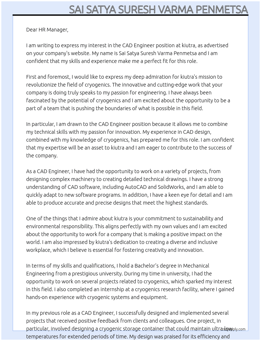 CAD Engineer At kiutra Cover Letter