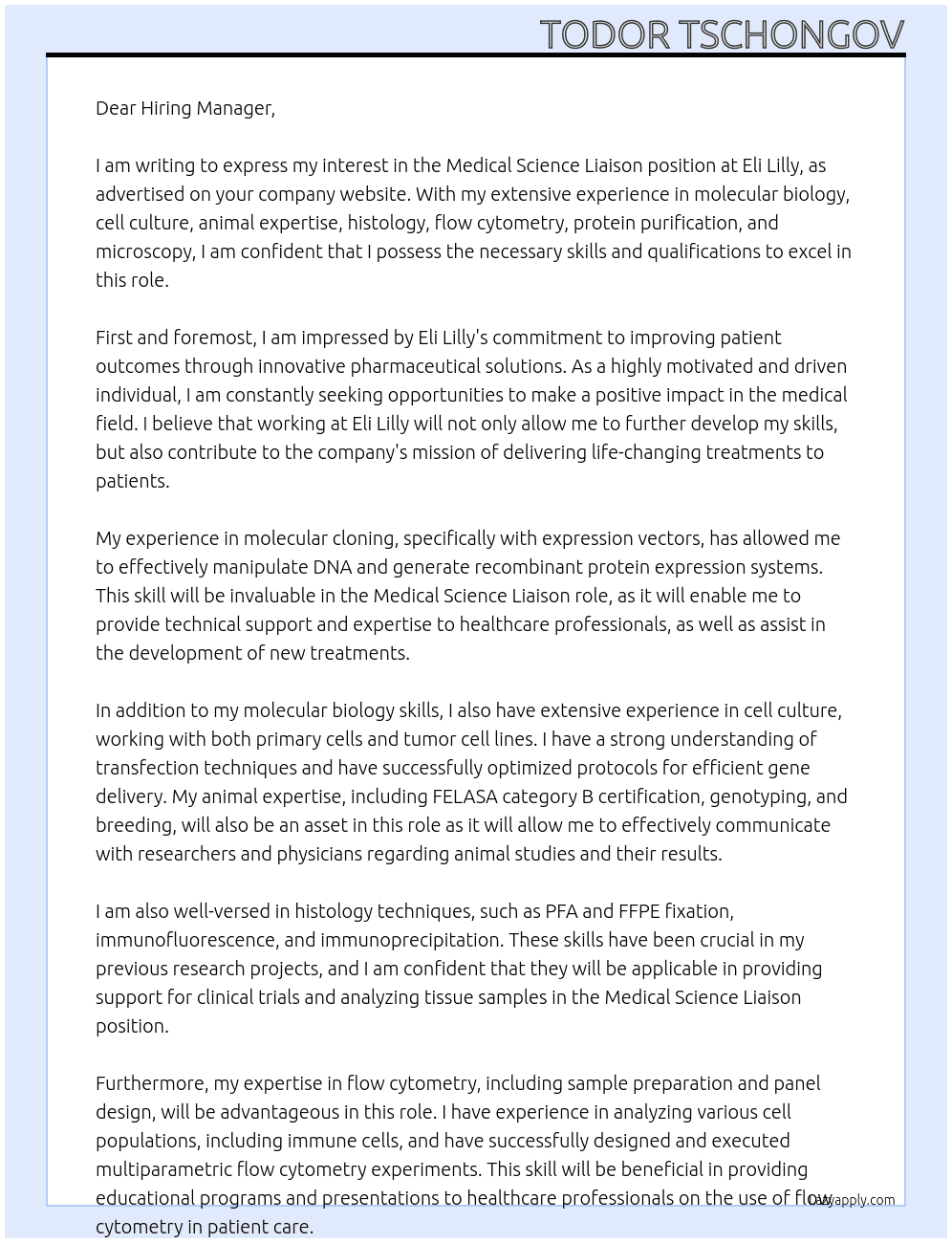 Medical Science Liasion At Eli Lilly Cover Letter