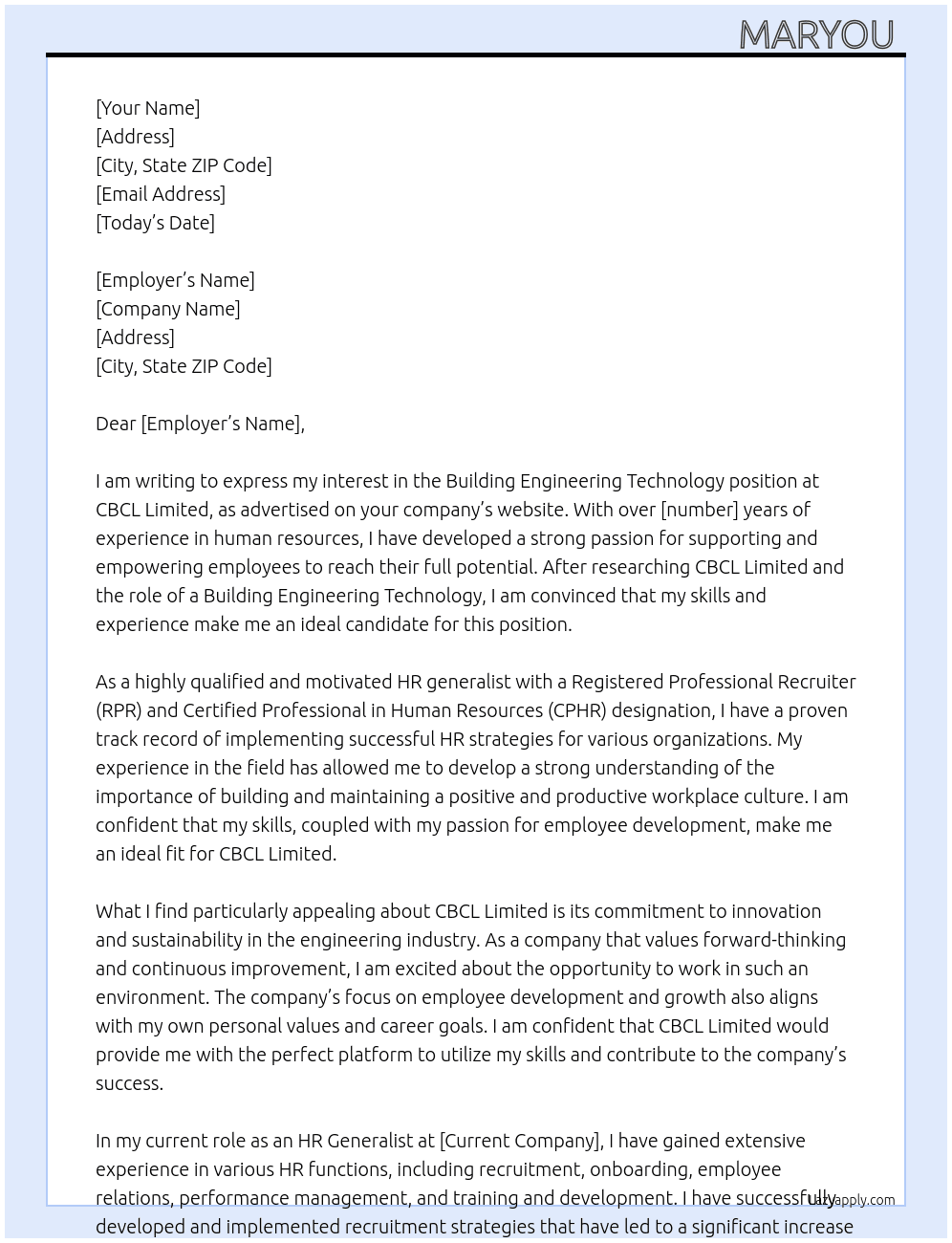 Building Engineering Technology  At CBCL Limited Cover Letter