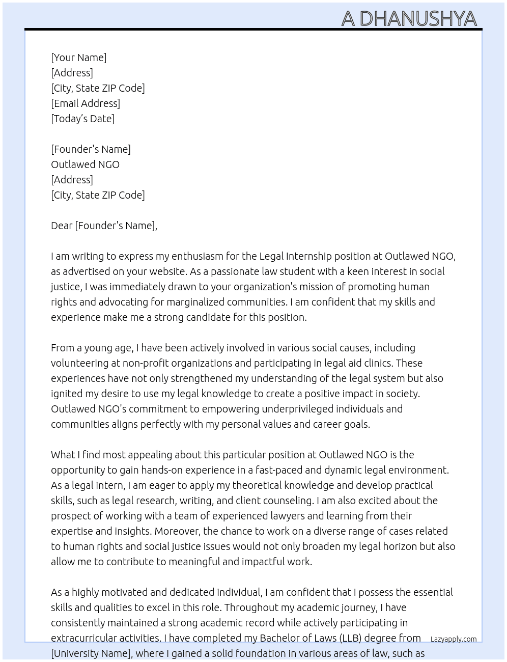 Legal internship  At Outlawed ngo Cover Letter