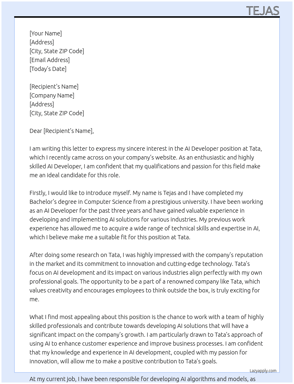 AI Developer At Tata Cover Letter