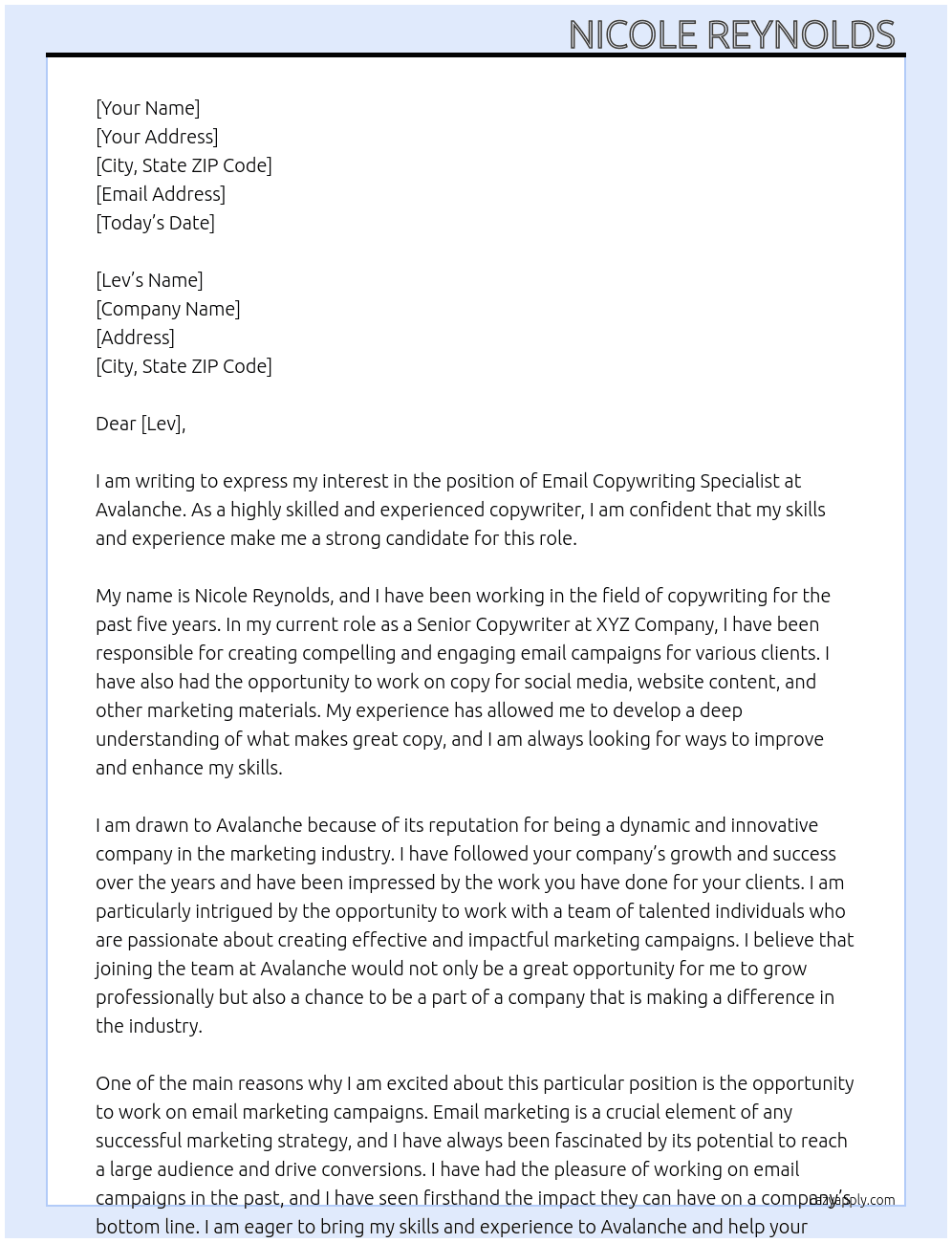 Email Copywriting Specialist At Avalanche Cover Letter