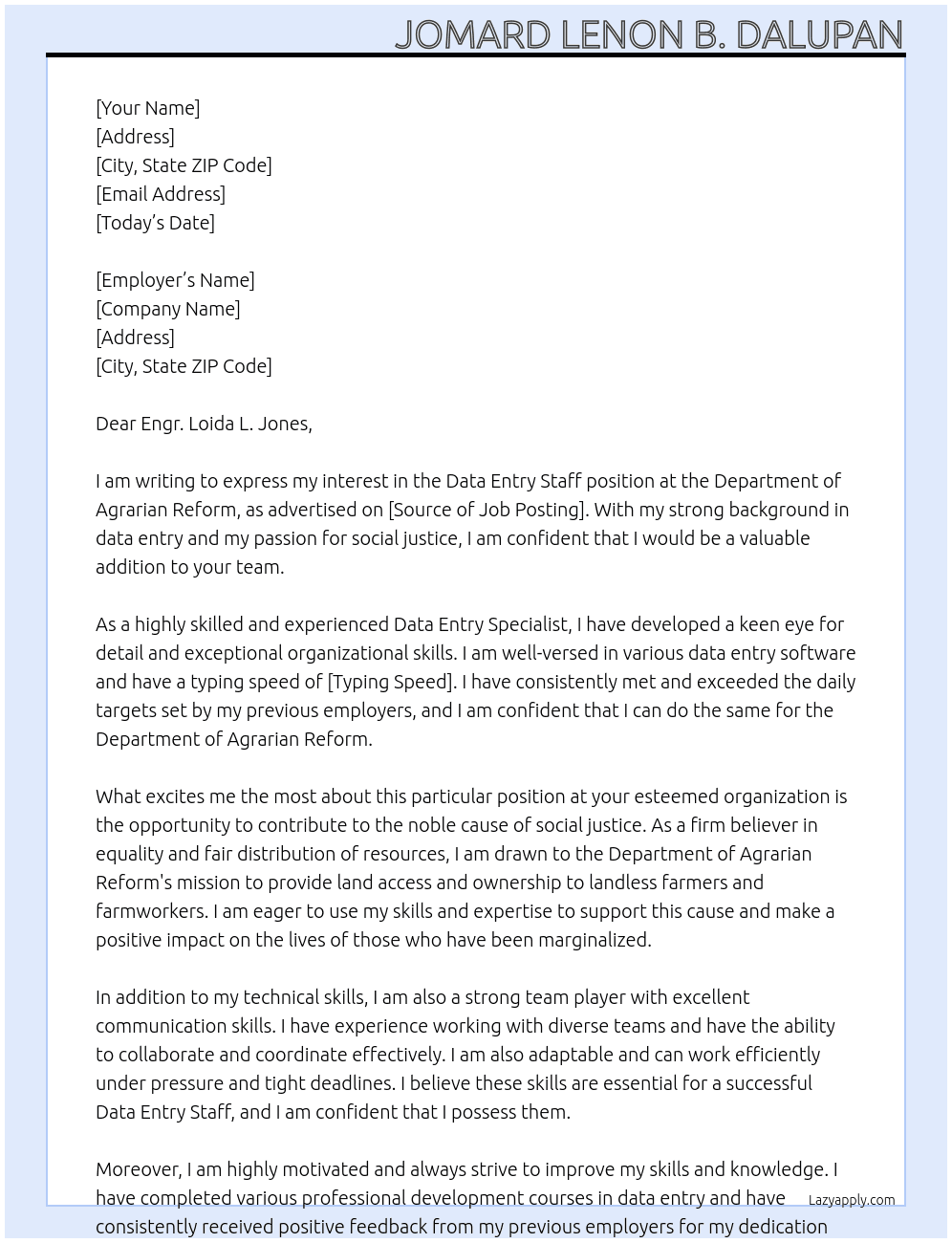 Data Entry Staff At Department of Agrarian Reform Cover Letter