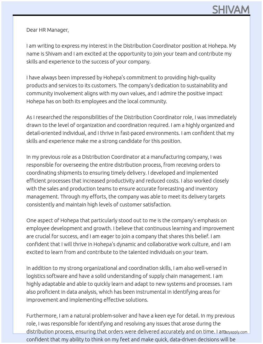 Distribution coordinator At Hohepa Cover Letter