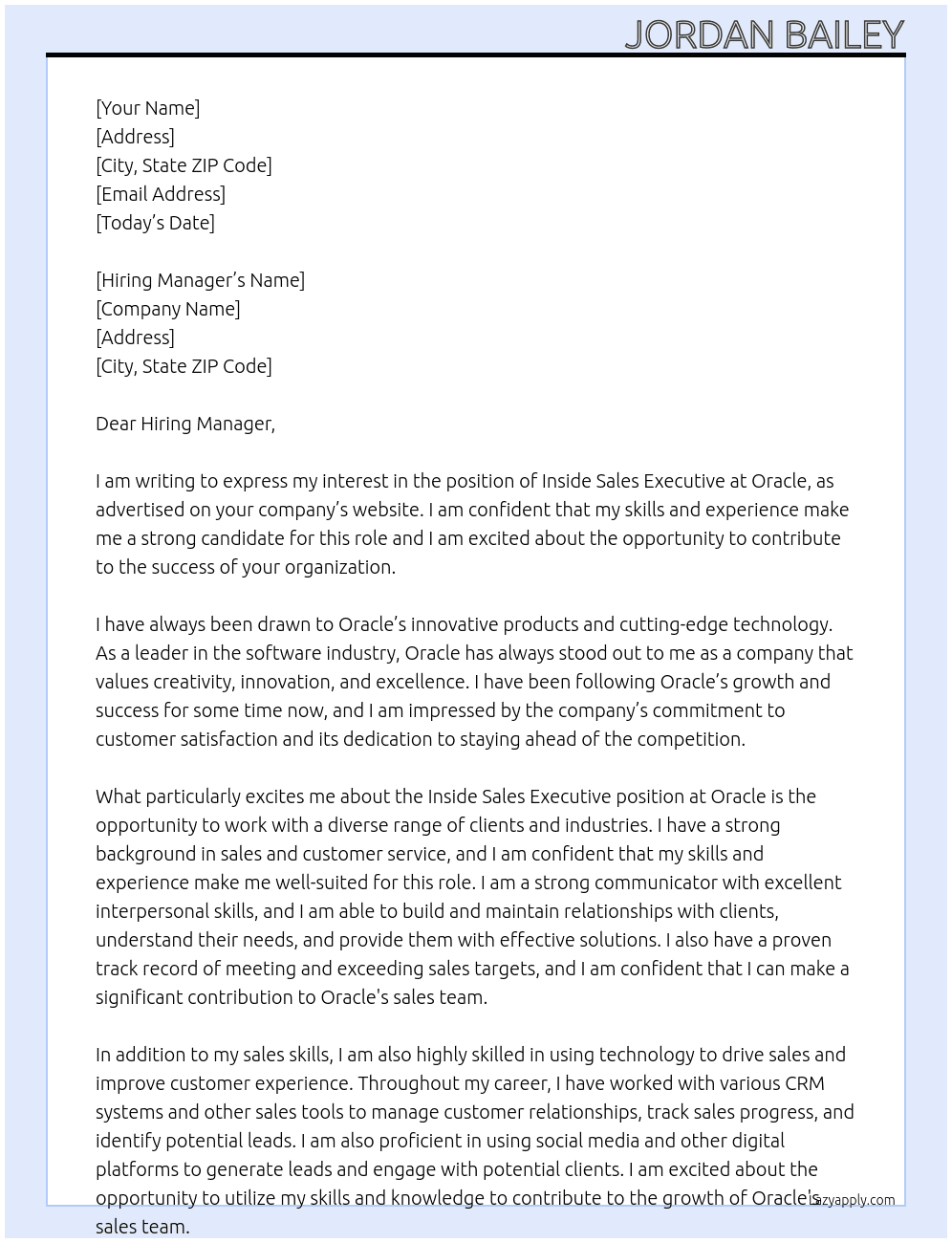 Inside Sales Executive At Oracle Cover Letter