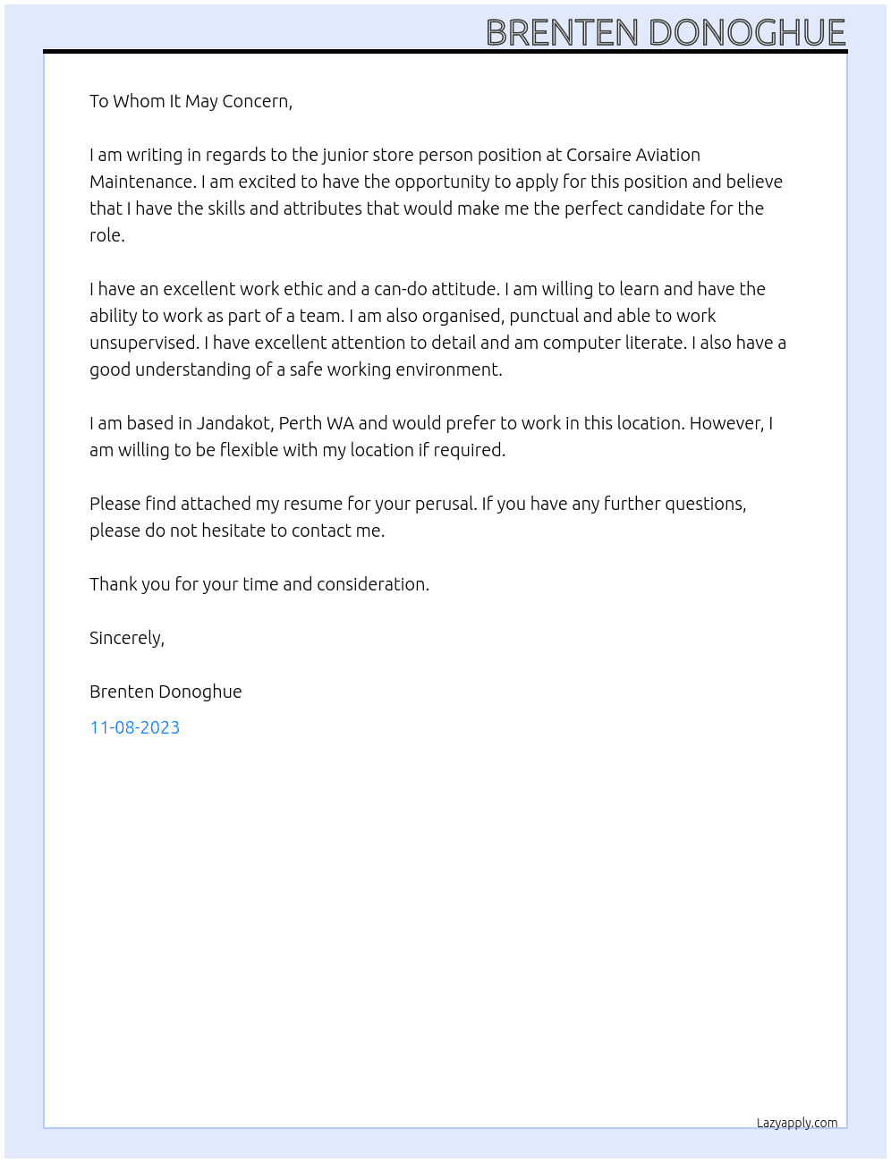 junior store person At Corsaire Aviation Maintenance Cover Letter