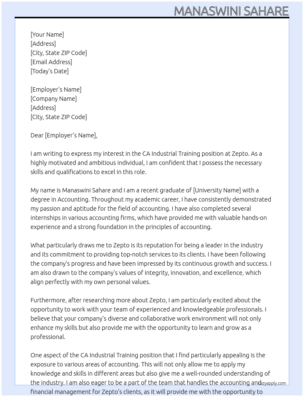 CA Industrial Training At zepto Cover Letter