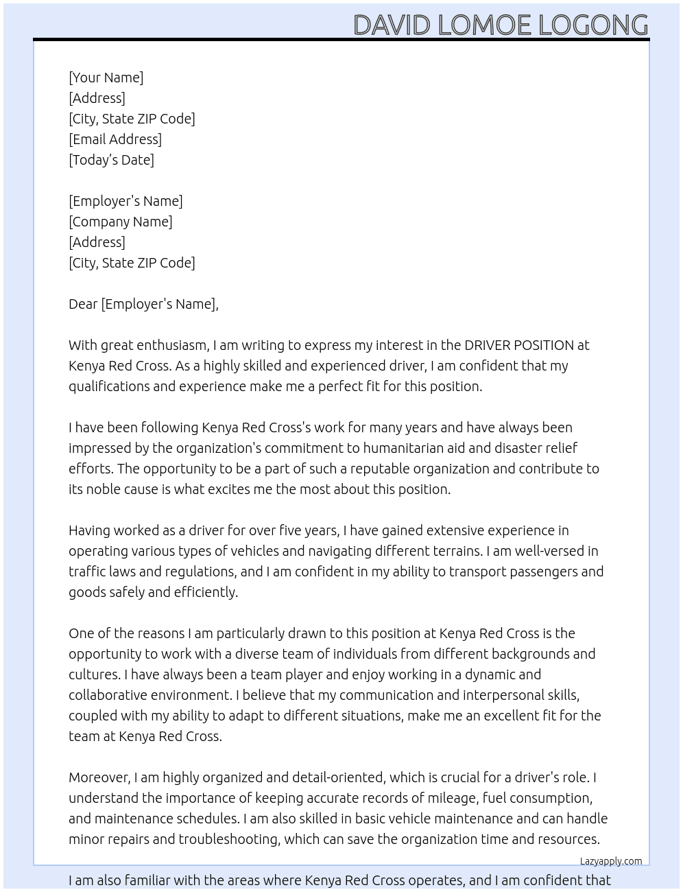 DRIVER POSITION  At KENYA RED CROSS Cover Letter