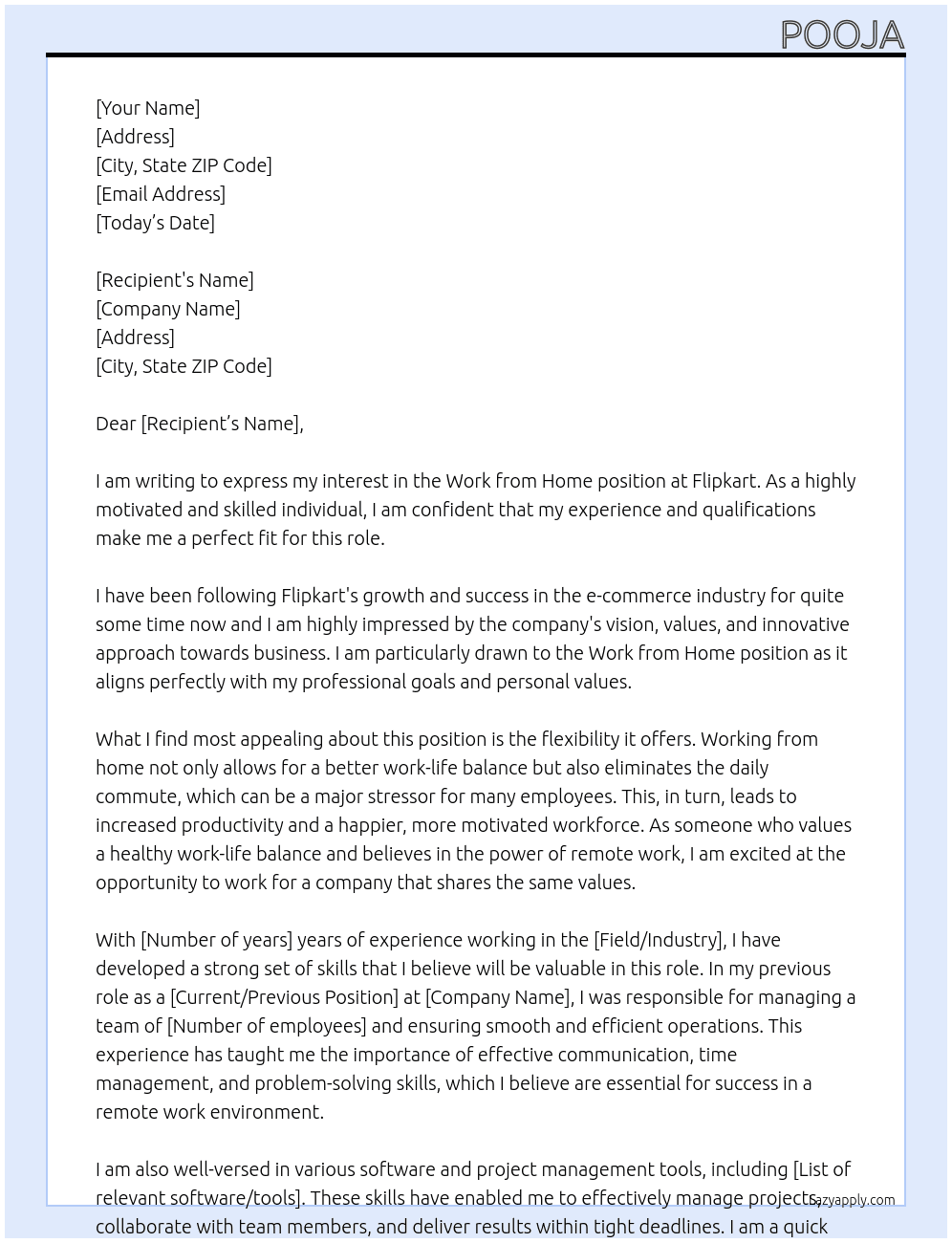 Work from home  At Flipkart Cover Letter