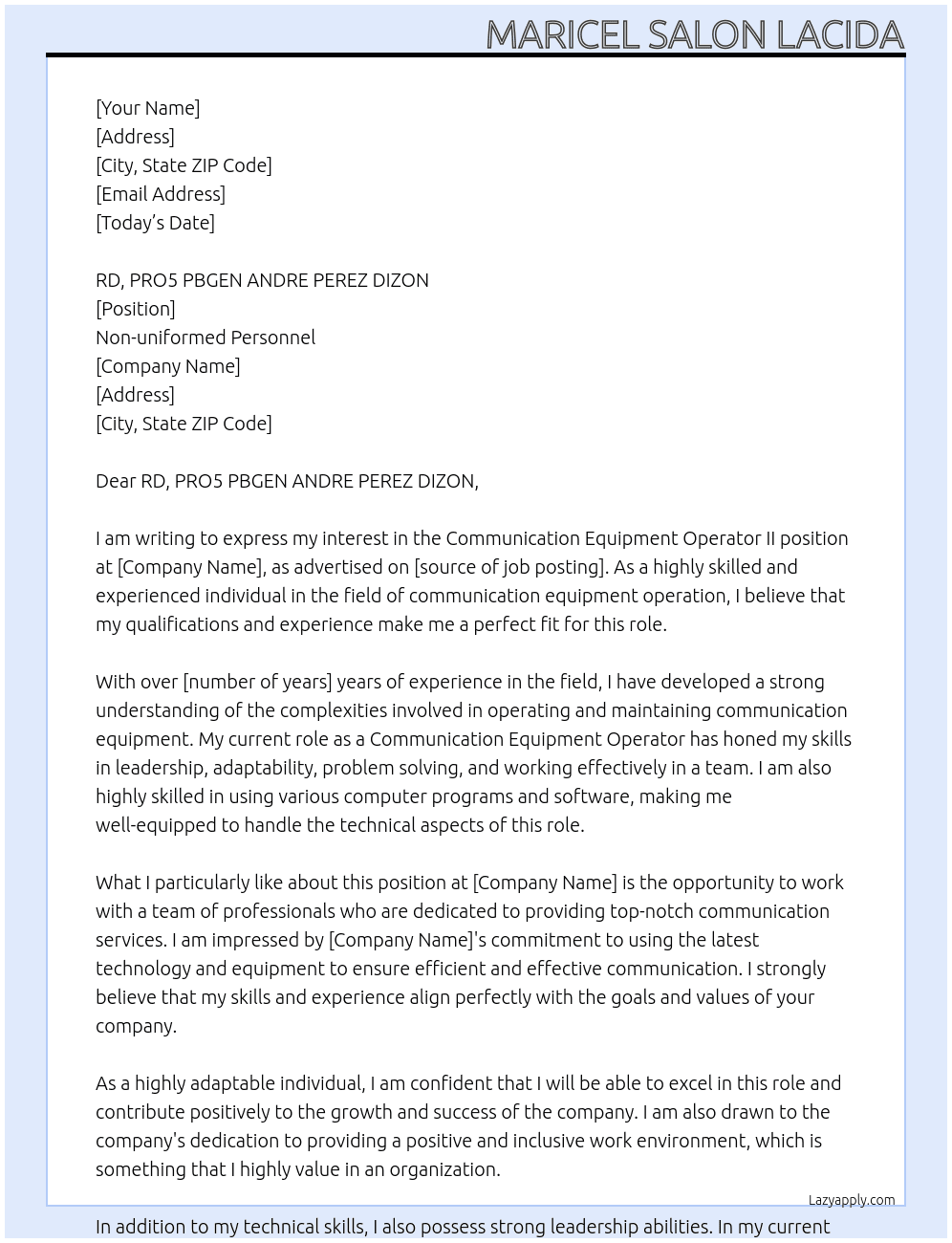 Communication equipment operator II At Non-uniformed personnel Cover Letter