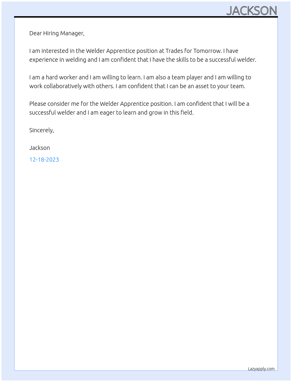 Welder Apprentice At Trades for Tomorrow  Cover Letter