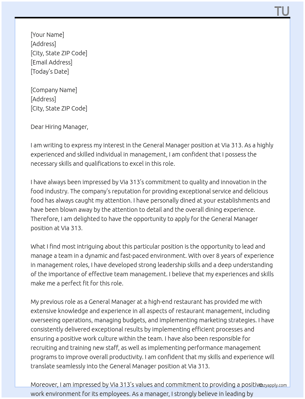 General Manager At Via 313 Cover Letter