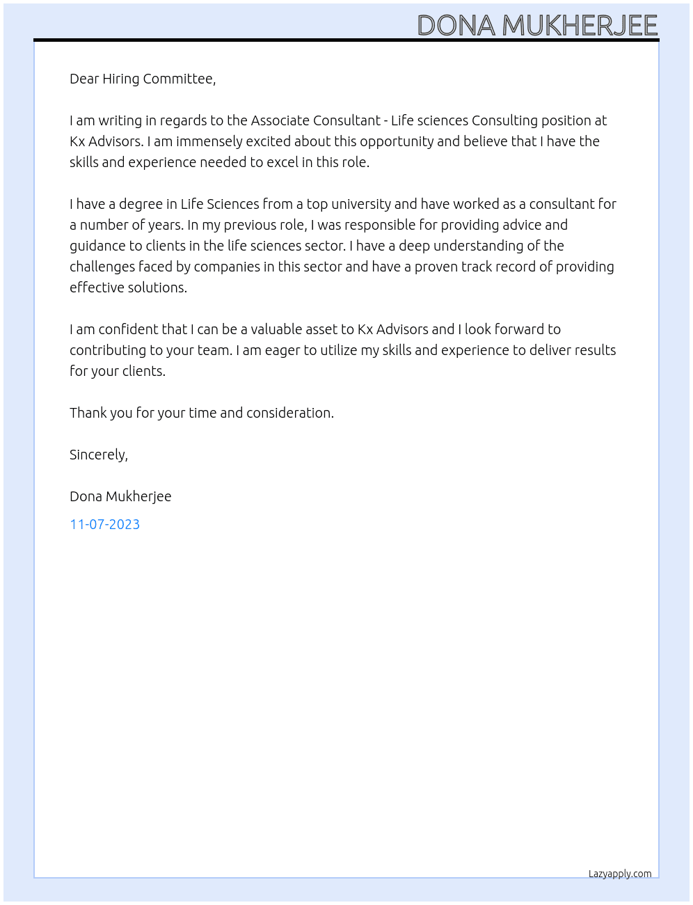 Associate Consultant - Life sciences Consulting  At Kx Advisiors Cover Letter