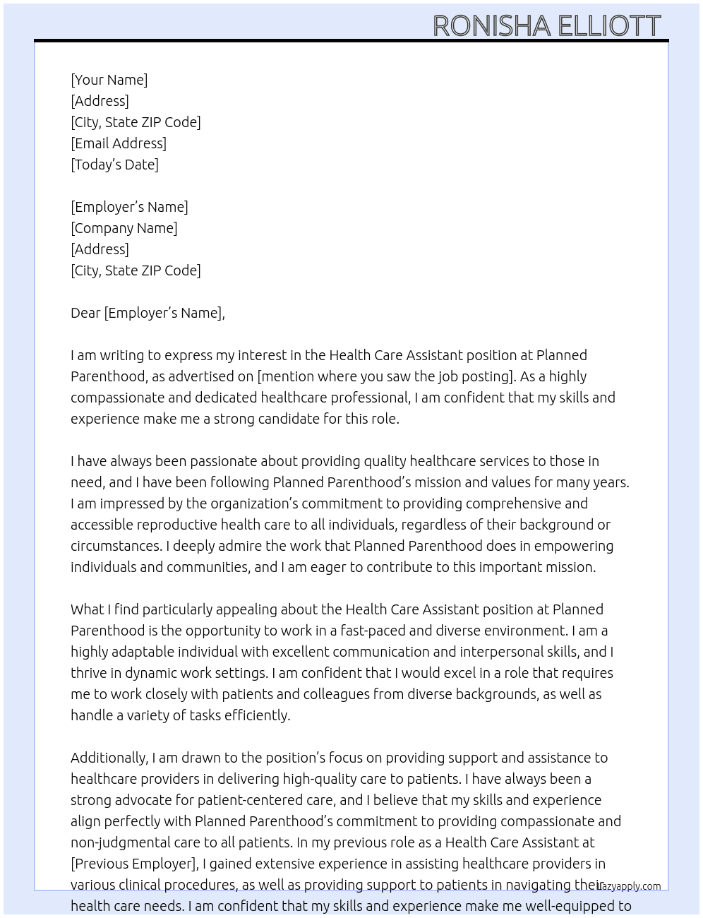 Health care assistant  At Planned Parenthood Cover Letter