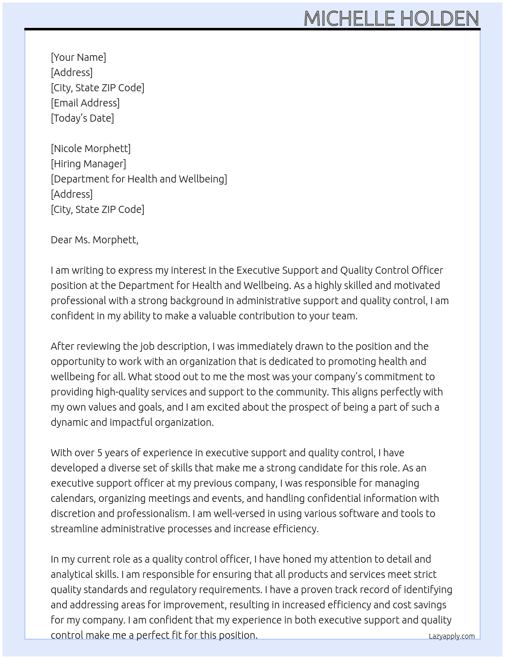 Executive Support and Quality Control Officer At Department for Health and Wellbeing Cover Letter