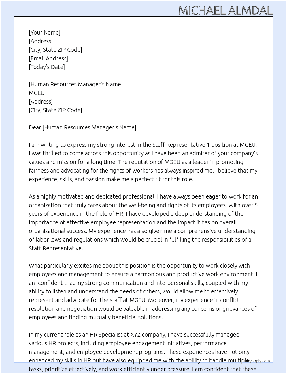 Staff Representative 1  At MGEU Cover Letter